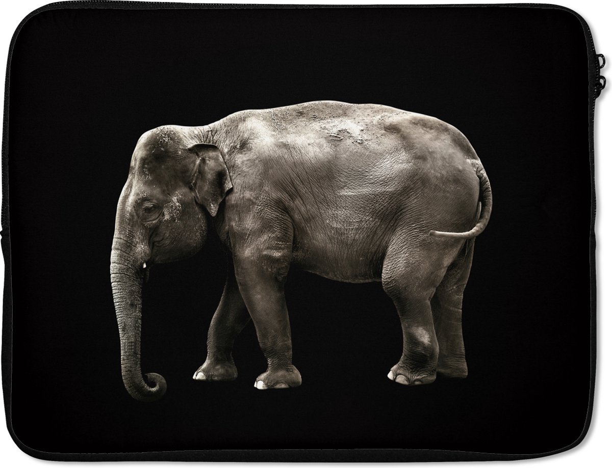 Laptophoes 15.6 inch - Olifant - Wilde dieren - Zwart - Laptop sleeve - Binnenmaat 37x26 cm - Zwarte achterkant