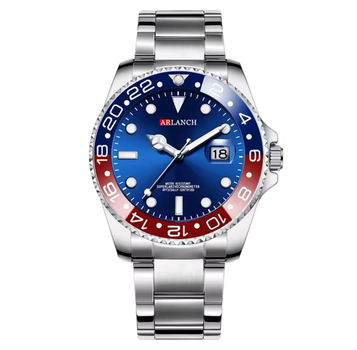 Arlanch - Luxe Herenhorloge - Mannen - Zilveren Polsband - Blauw, Rood en Zilver - Luxe Doos - Pepsi