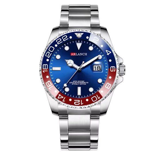 Arlanch - Herenhorloge - Mannen - Zilveren Polsband - Blauw, Rood en Zilver - Horlogedoos - Pepsi