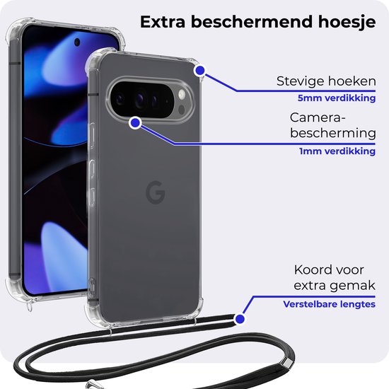 Coque adaptée pour Google Pixel 9 Pro XL, coque en Siliconen résistante aux chocs avec cordon, étui avec cordon de téléphone – Coque adaptée pour Google Pixel 9 Pro XL, coque antichoc avec cordon – Transparent