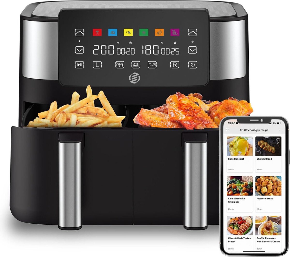 Equivera Dubbele Airfryer - Dubbele Mand - Dual Cook - Heteluchtfriteuse - Verschillende Programma's - Dual Zone - Mega