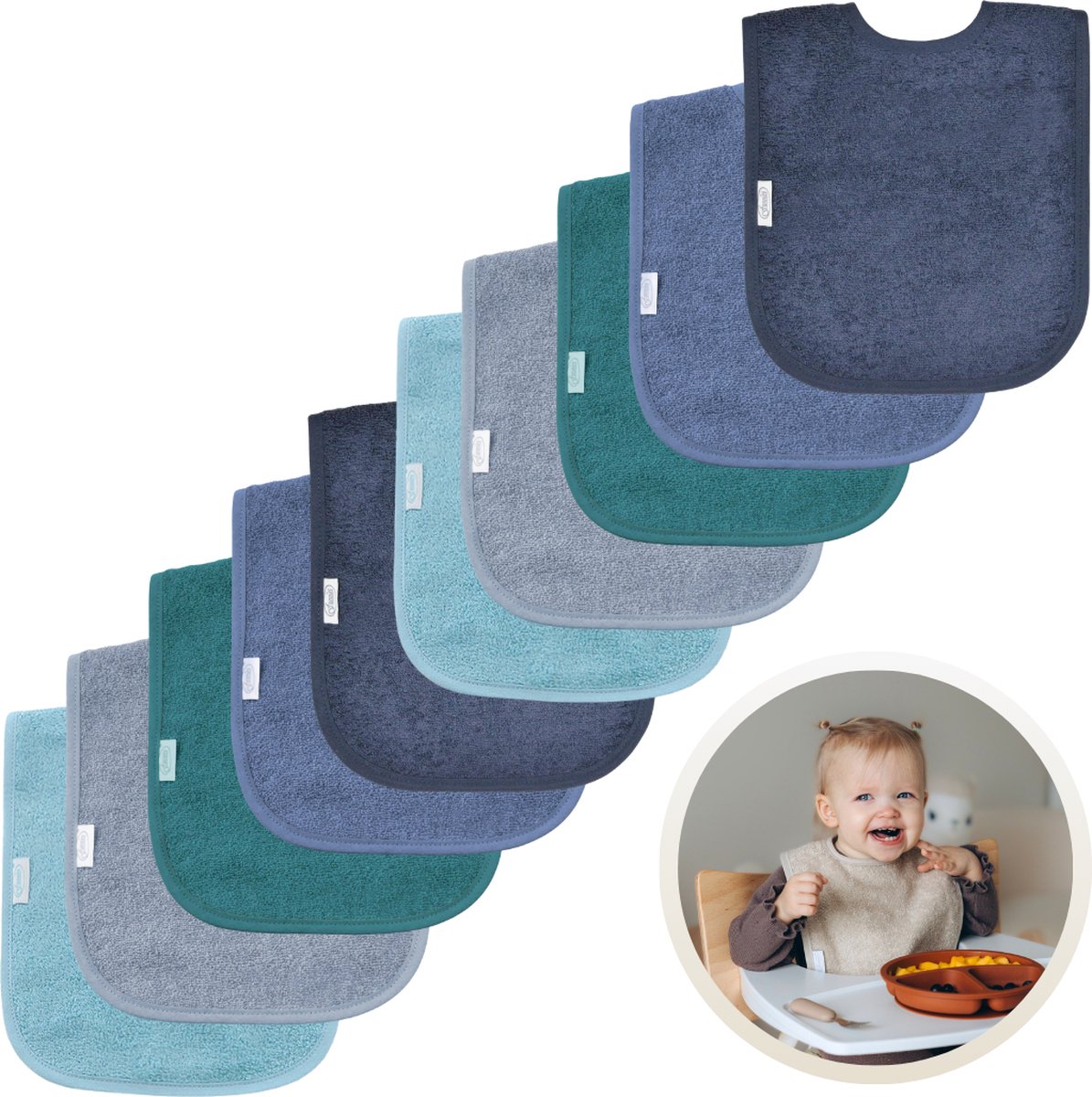 Goedkoopste Funnies Slabbetjes 10-Pack Blauwe Tinten - Set van 10 Zachte Slabbertjes - Grote Slabbers - Kwijldoekjes voor Baby’s en Kinderen - Absorberend, Zacht en Makkelijk Wasbaar - Perfect voor Voeden, Kwijlen en Bescherming van Kleding