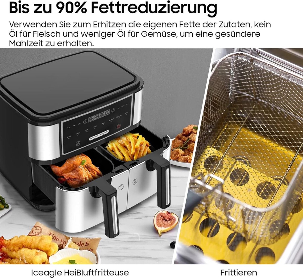 Afbeelding 2 van Equivera Dubbele Airfryer - Dubbele Mand - Dual Cook - Heteluchtfriteuse - Verschillende Programma's - Dual Zone - Mega