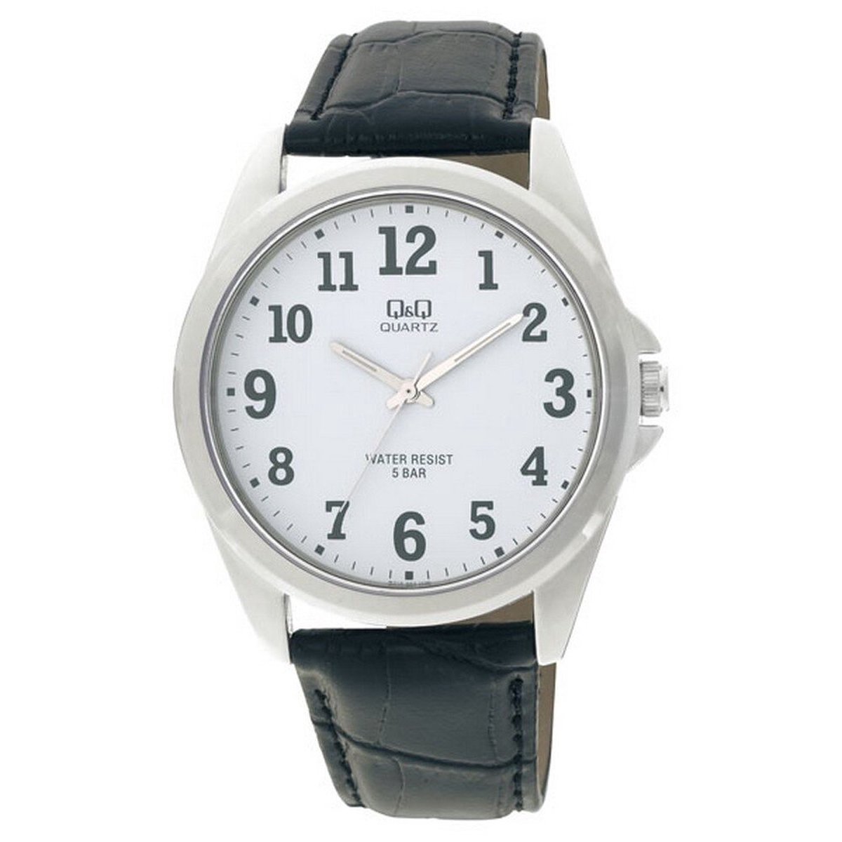 QQ Q416J304Y - Horloge - Heren - Mannen - Leren band - Rond - Metaal - Waterdicht 5ATM - Zwart - Zilverkleurig - WIt