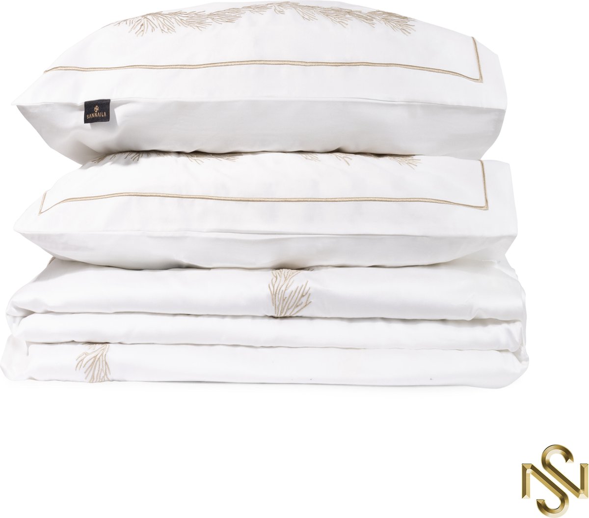 San Naila- Twig Dekbedovertrek- Hoogwaardig Kantoensatijn- Wit- Goud-300tc-Hotel Chic- 240x220 cm
