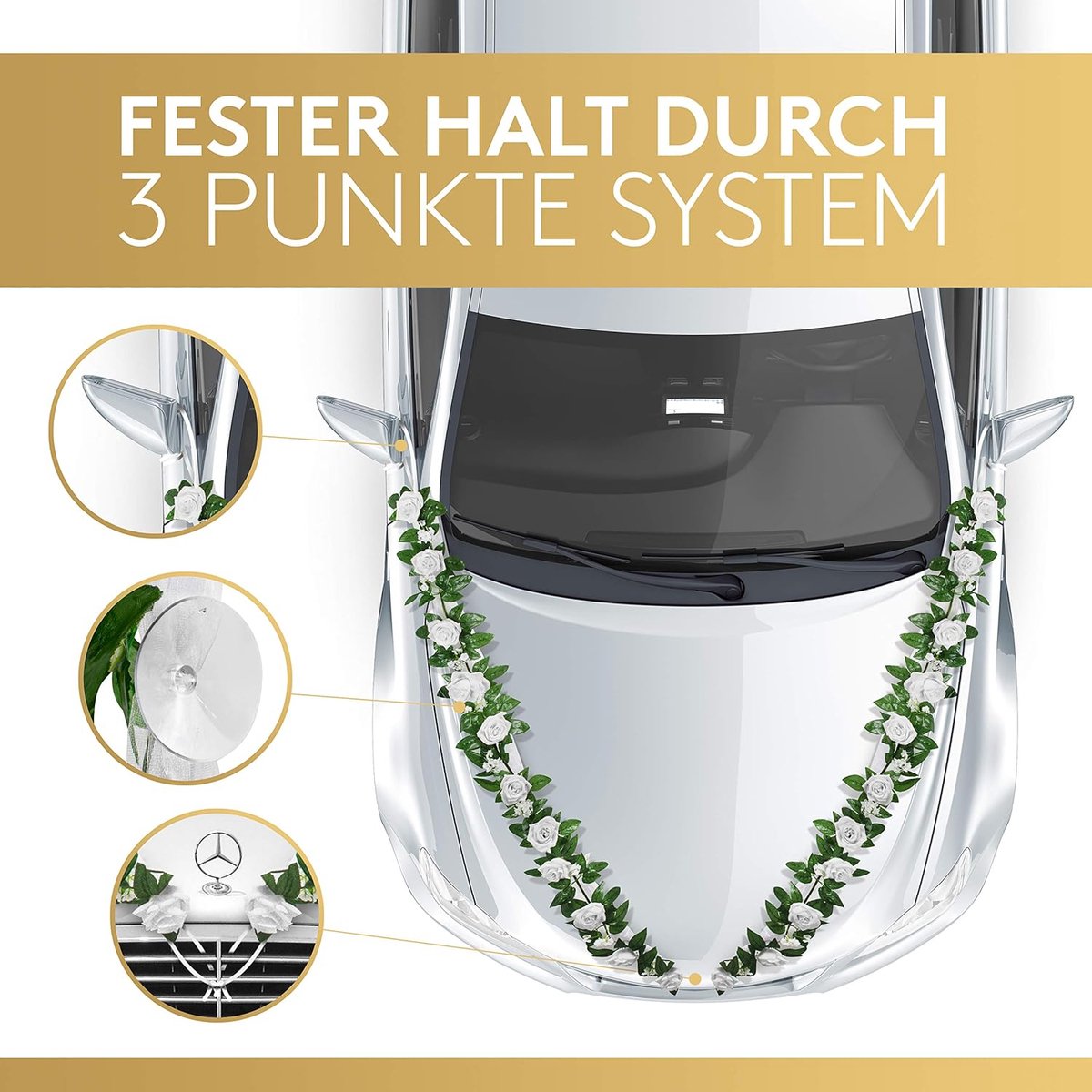 Noa Home Deco Autosieraden, bruiloft, witte roos, autosieraden, buiten, bruiloftsdecoratie, bruidsauto, auto, bruiloftsdecoratie, motorkap, 2 wit (180 cm lengte/tull