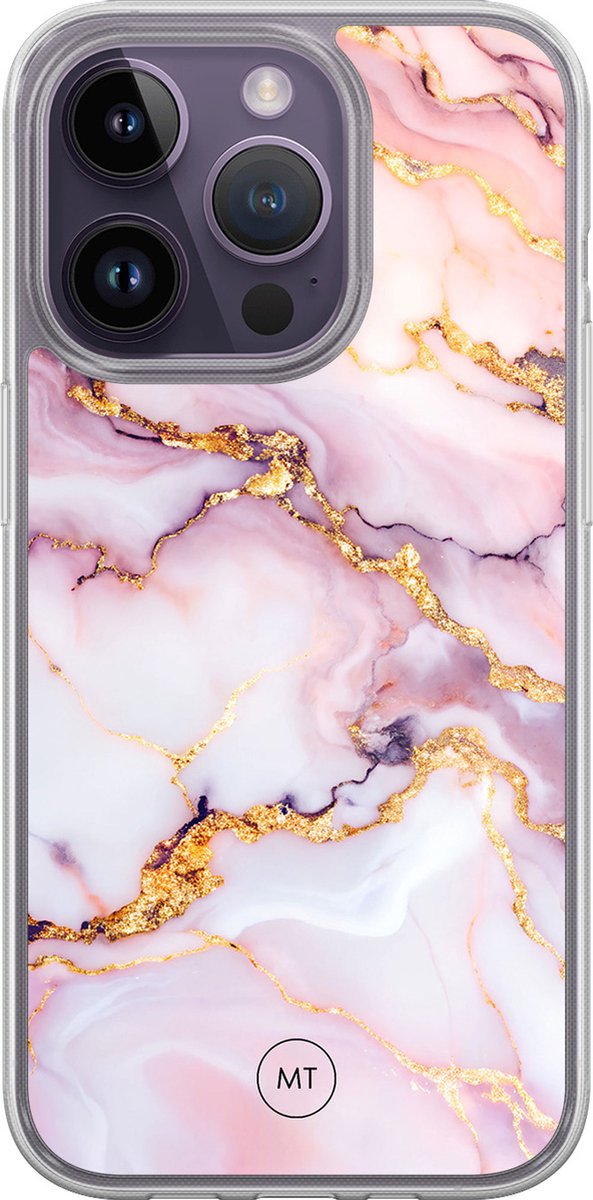 Hybride hoesje geschikt voor iPhone 14 Pro - Marble pink - Extra bescherming - Luxe beschermhoes - TPU case - Transparant, Roze - Mooie Telefoonhoesjes