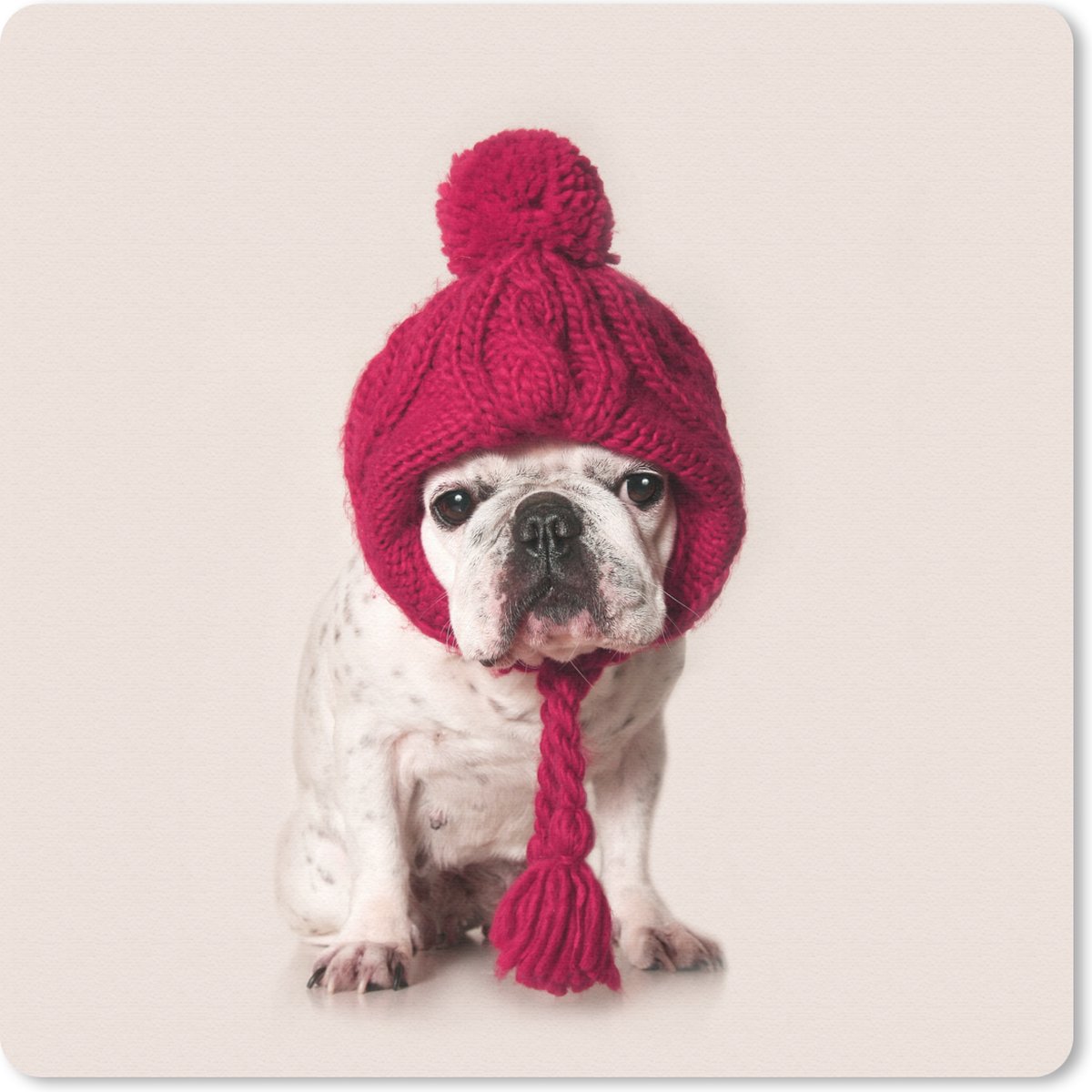 Muismat 20x20 cm - Mousepad Franse buldog in een wollen muts - Muismatten