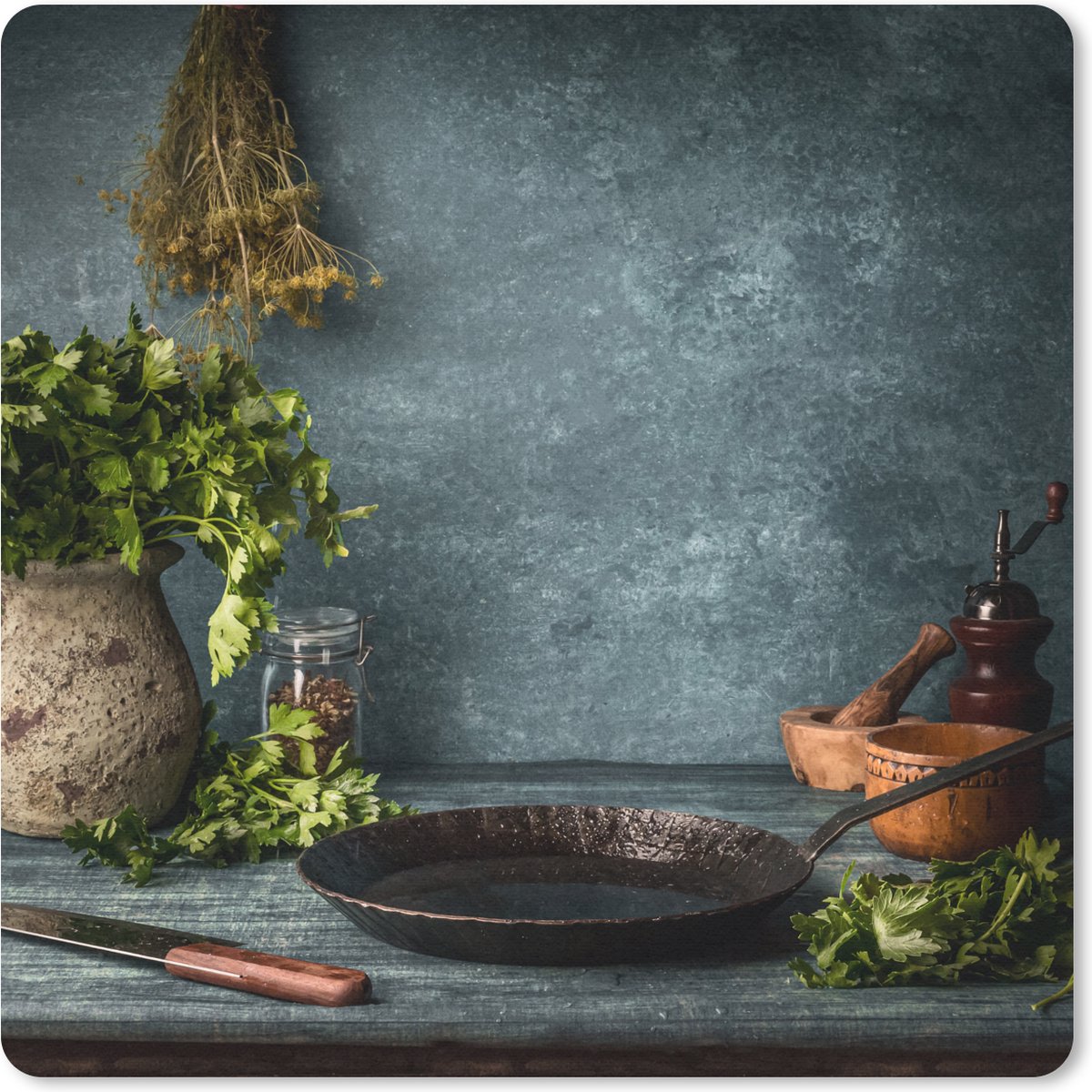 Muismat 20x20 cm - Mousepad Kruiden - Specerijen - Pan - Mes - Grijs - Rustiek - Muismatten