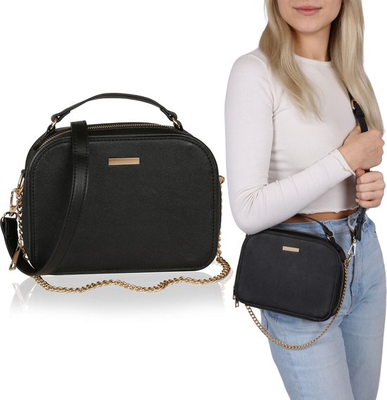 Petit sac a bandouliere noir porte documents elements dores fermeture eclair. bol
