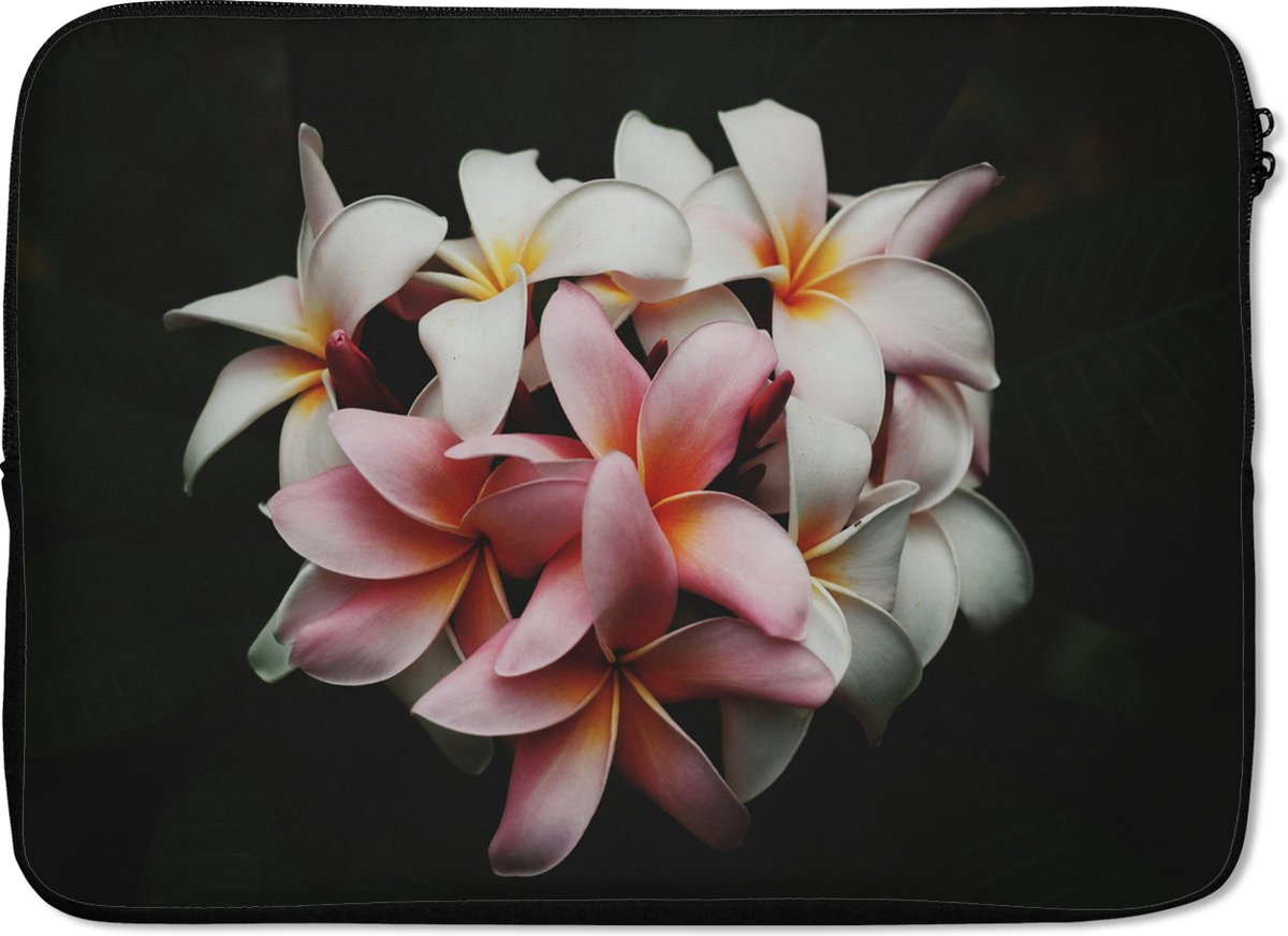 Laptophoes 13 inch - Bloemen - Roze - Zwart - Flora - Botanisch - Laptop sleeve - Binnenmaat 32x22,5 cm - Zwarte achterkant
