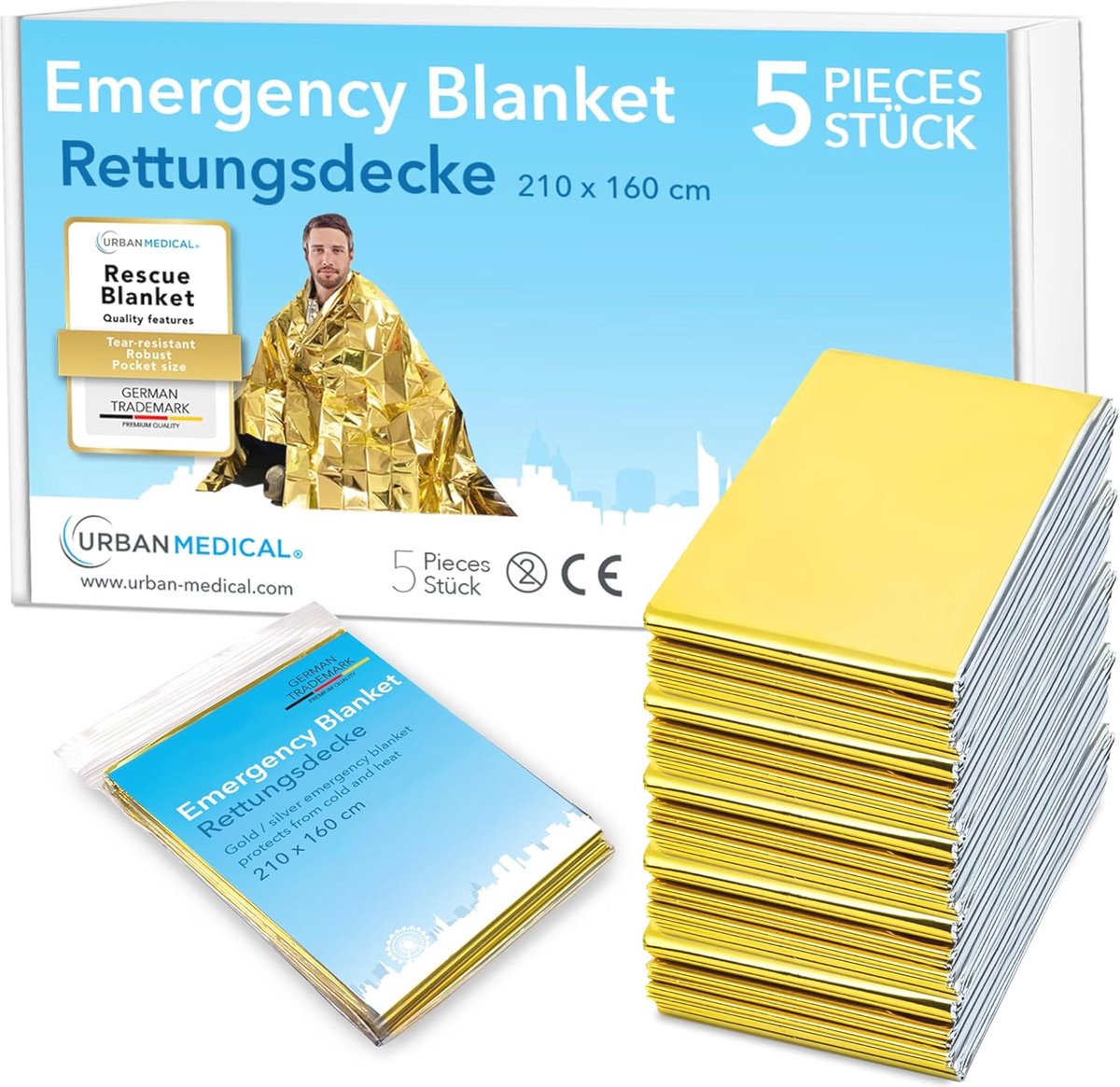 Premium Reddingsdeken 5 stuks | Isothermische EHBO-Nooddeken | 210 x 160cm | Waterdicht | Beschermt Tegen Kou en Warmte | Survival en Camping Accessoires