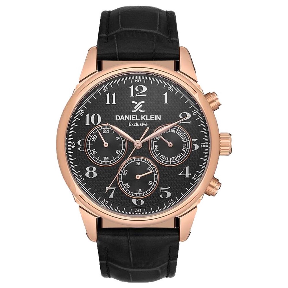 Daniel Klein DK.1.13550-5 - Horloge - Analoog - Mannen - Heren - Leren band - Metaal - Rond - Datumaanduiding - Tweede Tijdzone - 12-24 - Cijfers - Zwart - Rosékleurig