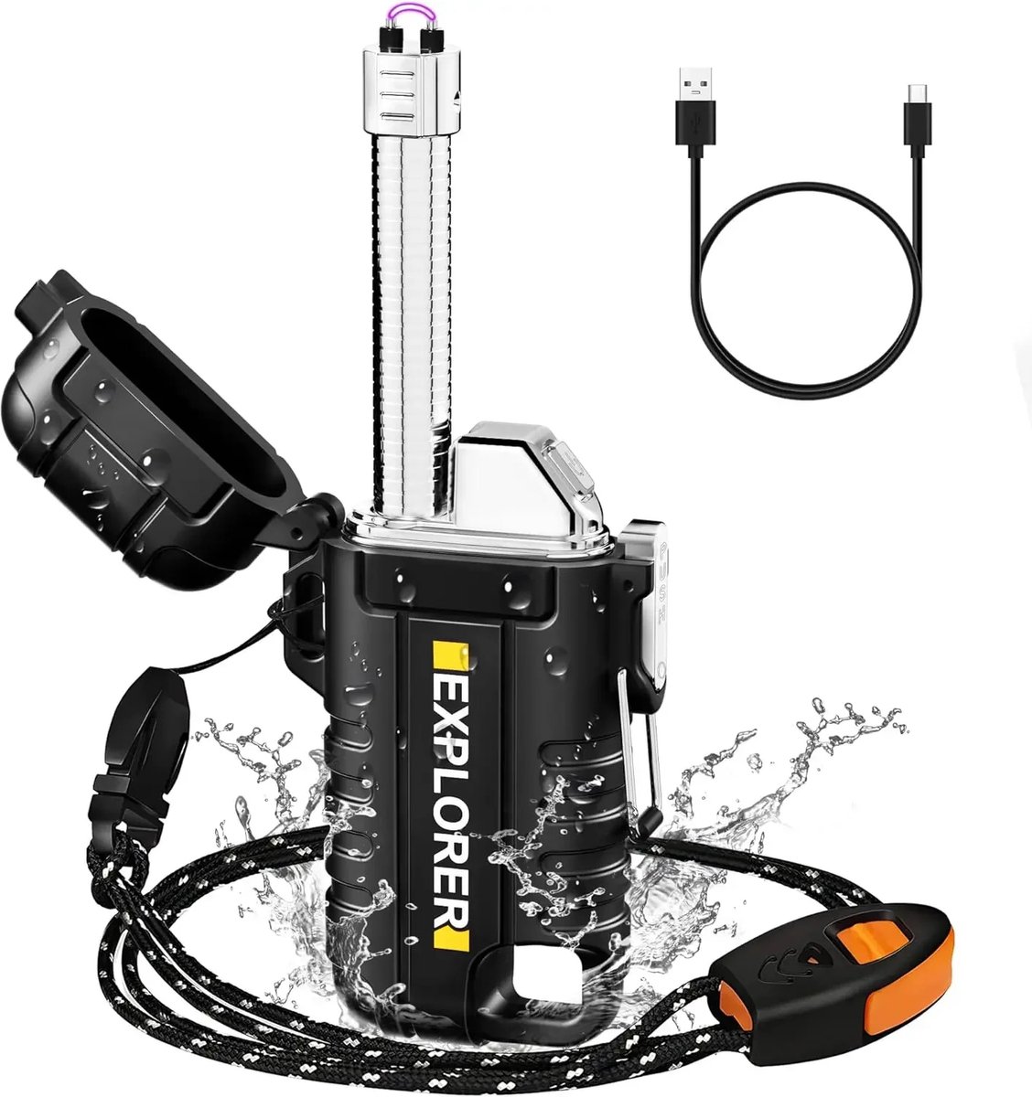Goedkoopste DrPhone EPS3 Plasma Aansteker – Oplaadbare USB C Aansteker 220 mAh - Elektrische Boog – IP56 Waterdicht – Vlamloos - Winddicht met noodfluitje en koord - Zwart