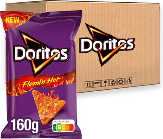 Doos met Doritos Flamin Hot zakken, met een enkele paarse zak van 160g op de voorgrond.
