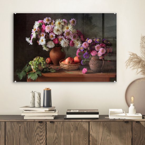 MuchoWow® Peinture sur verre 60x40 cm - Peinture sur verre acrylique - Fleurs - Fruits - Nature morte - Rose - Photo sur verre - Décoration murale salon - Décoration murale chambre - Peintures