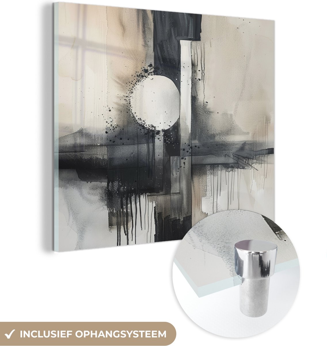 MuchoWow® Glasschilderij 50x50 cm - Schilderij acrylglas - Abstract - Zwart wit - Verf - M