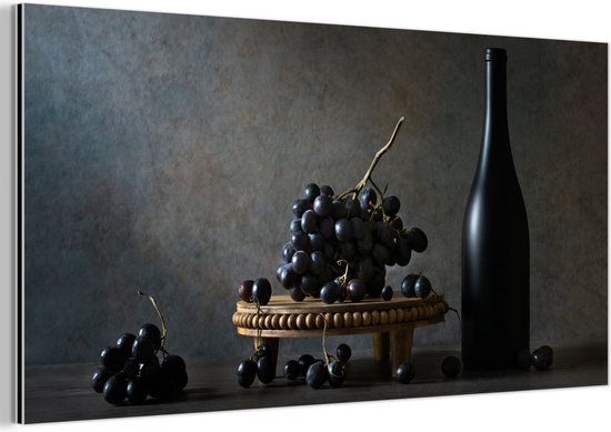 Tableau aluminium 80x40 cm - Décoration murale métal - Nature morte - Zwart - Bouteille - Raisins - Décoration murale métal salon - Décoration industrielle - Photo sur dibond - Accessoires industriels chambre