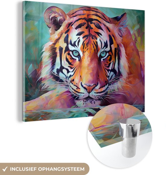 MuchoWow® Peinture sur verre 120x90 cm - Peinture acrylique sur verre - Tigre - Peinture à l'huile - Animaux - Art - Photo sur verre - Décoration murale salon - Décoration murale chambre - Peintures