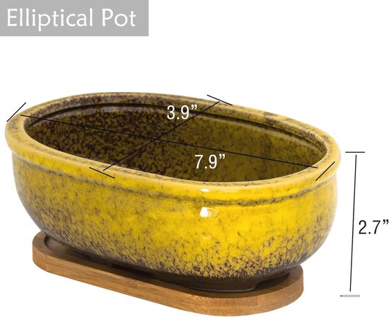 ARTKETTY Succulente potten, keramische vetplanten potten met afvoer, bamboe lade, 1 rechthoekige bloempot 1 ronde bloempot voor binnen cactus bonsaiplanten thuis (rood