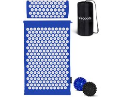 LifeGoods Spijkermat met Kussen - Shakti Mat - Acupressuur Mat - Spijkerbed - Massage Mat - Voor Pijnverlichting, Spierherstel, Stressverlichting en Meer - Incl. 2x Triggerpoint Bal - 60x40x2cm - Blauw