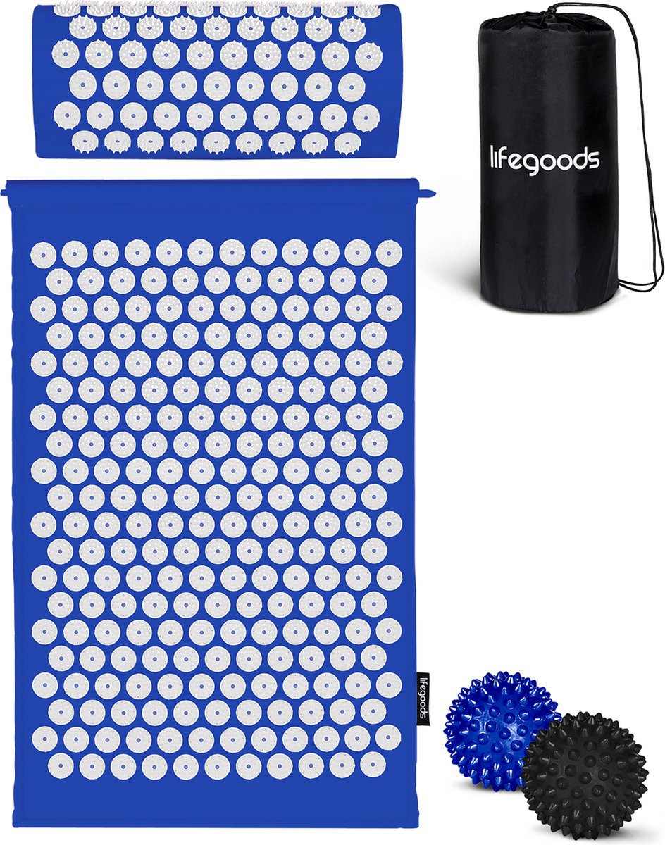 Goedkoopste LifeGoods Acupressuur Mat met Kussen - Shakti mat - Spijkermat Incl. 2x Triggerpoint Bal - 66x40x2cm - Blauw/Wit