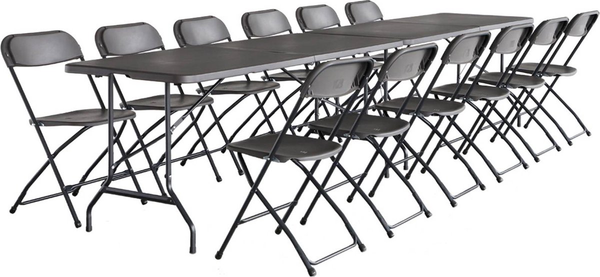 sweeek - Set van 2 opvouwbare plastic receptietafels 180cm + 12 bijzetstoelen, campingtafel