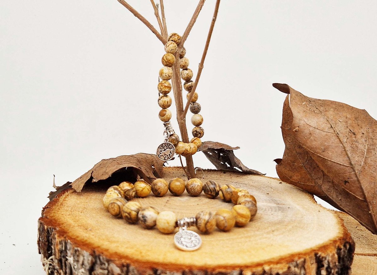 Handgemaakte natuursteen Geluksarmband met hanger "Astrologische Symbolen " " Picture Jasper " -10 mm diameter van de korrel- Diameter armband 20 cm - Kies je favoriete Astrologische Symbolen - Een mooi cadeau voor familie en vrienden