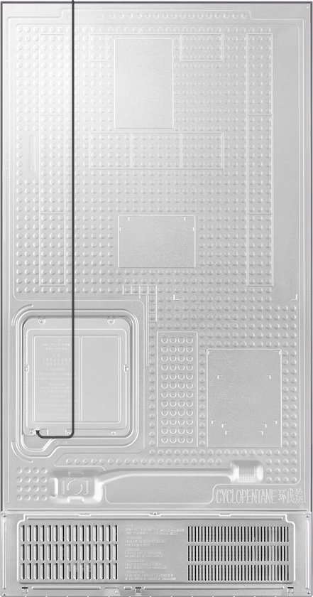 Achterkant van een zilverkleurige Samsung Amerikaanse koelkast met technische details en koelsysteem.