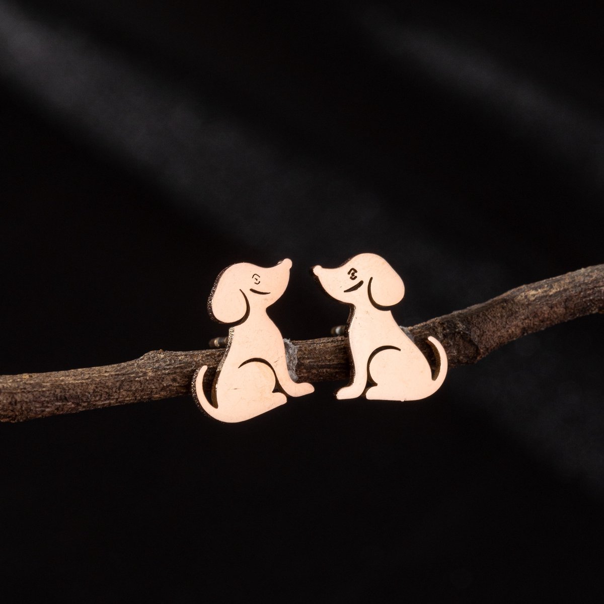 Gading® dames oorknoppen met hond-RVS oorknopjes-rosegouden