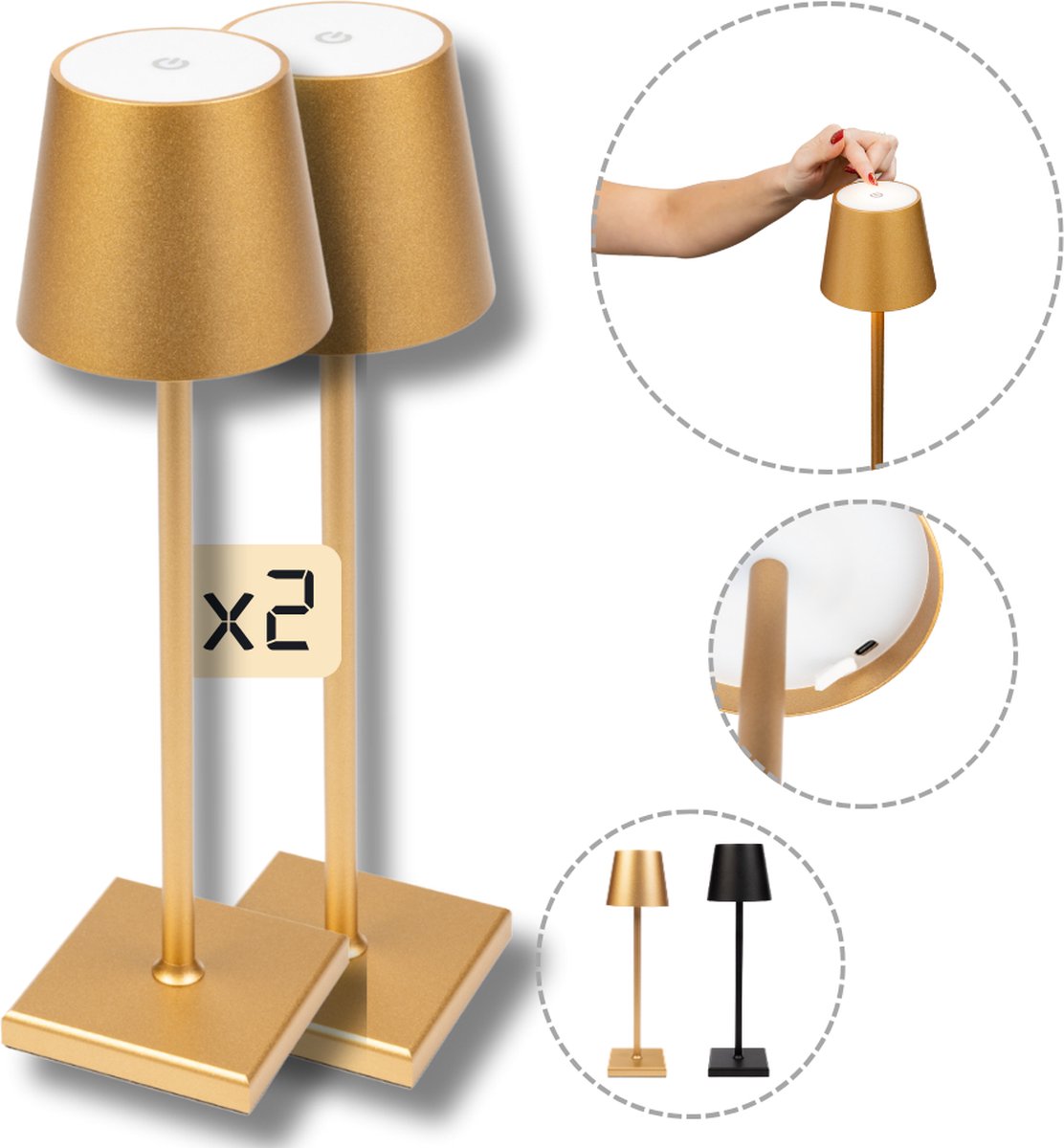 Bol.com BandiO 2x Tafellamp Oplaadbaar – 3 Kleuren - Draadloos en dimbaar – Aluminium - 5200mAh - Moderne touch lamp – Nachtlamp... aanbieding