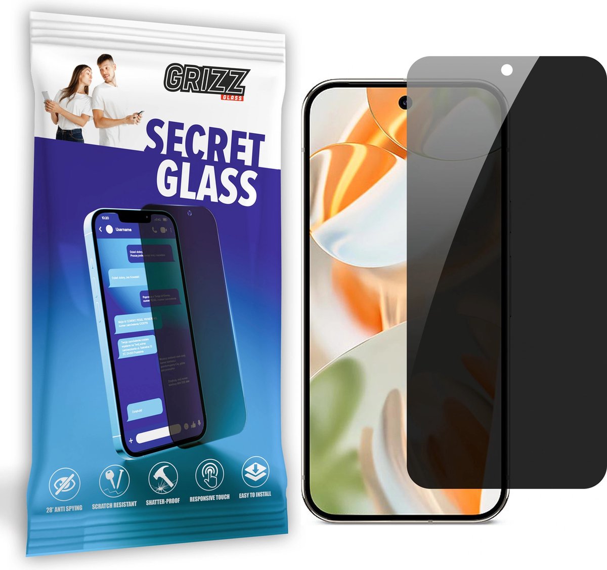 GrizzGlass SecretGlass Privacy Screenprotector voor Google Pixel 9 Pro - Zwart