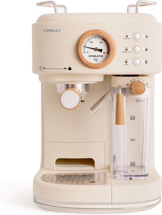 Crème halfautomaat espressomachine met houten details en een zichtbare thermometer.