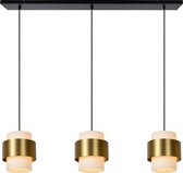 Drie hanglampen met crème/witte cilinders en messing banden op zwarte plaat.