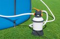 Grijze en witte zandfilterpomp met witte slang, aangesloten op een blauw zwembad, op gras.