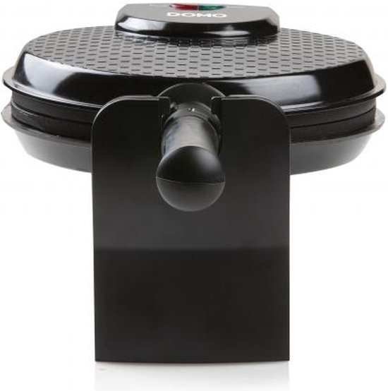 Zwart, gesloten wafelijzer met een handvat en indicatielampjes op de bovenkant.