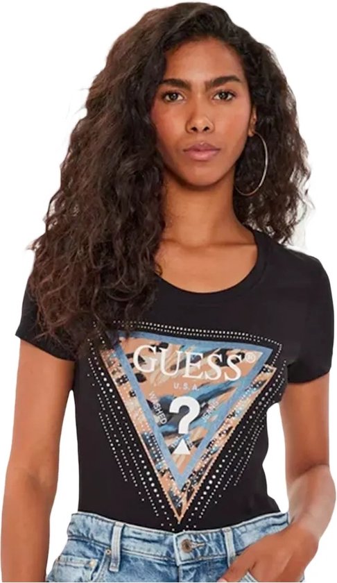 Guess SS CN Leo Triangle Tee Dames T-Shirt - Zwart - Maat S