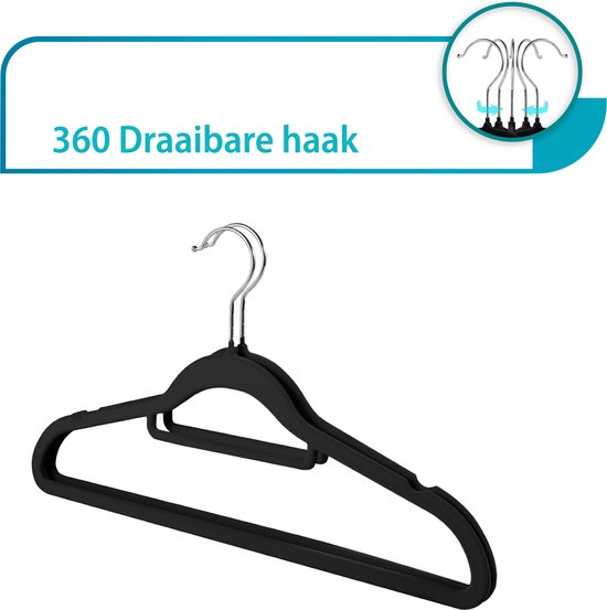 LitaLente Cintres en Velours – Pendentifs antidérapants en Velours de Premium avec Barre à Pantalons, Crochet Rotatif à 360°, Gain de Place et Durable – Set de 30 pièces, Zwart