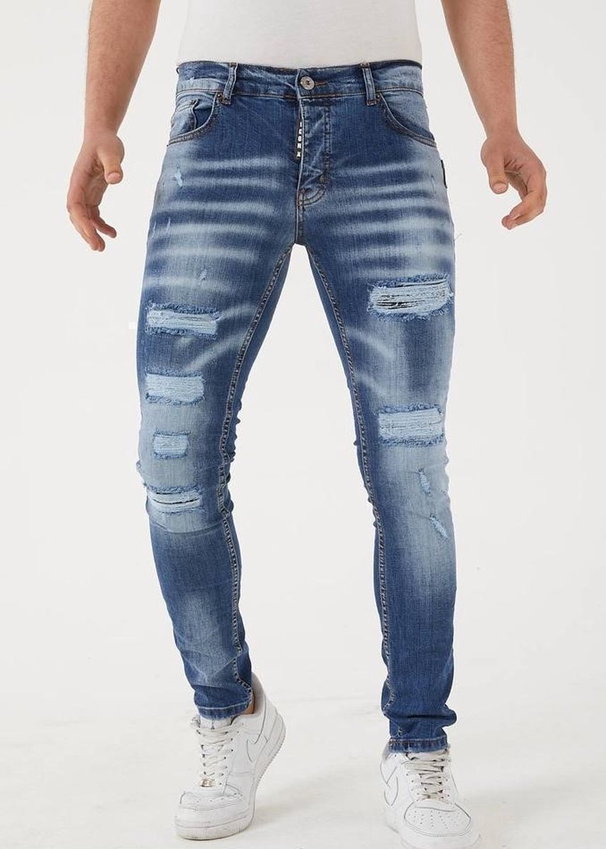 XWAY JEANS 4185 RIPPET MET PAINT SPLATTER - HEREN SLIM FIT JEANS - SPIJKERBROEK - SLIM FIT - PREMIUM STREET FASHION - BLAUW