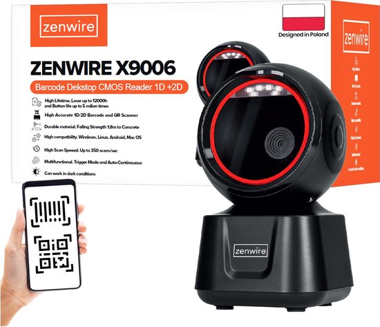 Zenwire Barcode Scanner X9006 - Barcode Scanner - Stationair USB - Professionele Handscanner voor 1D Barcodes & 2D QR Codes - lezen van LCD/OLED-schermen - Compatibel met Windows Mac OS Android Linux en vele anderen