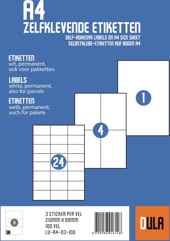 A4 zelfklevende etiketten. Drie vellen met 1, 4 en 24 etiketten. Tekst 'Etiketten', 'Labels'.