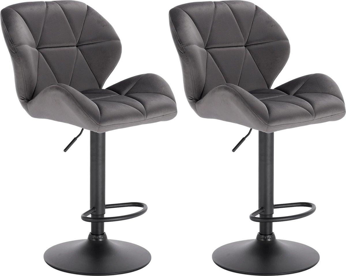 Roxana® Stoelen - Set van 2 - Krukken - Donker Grijs - Keukeneiland - Velvet - Fluweel - Met Voetondersteuning - Draaibaar - RVS - Rugleuning