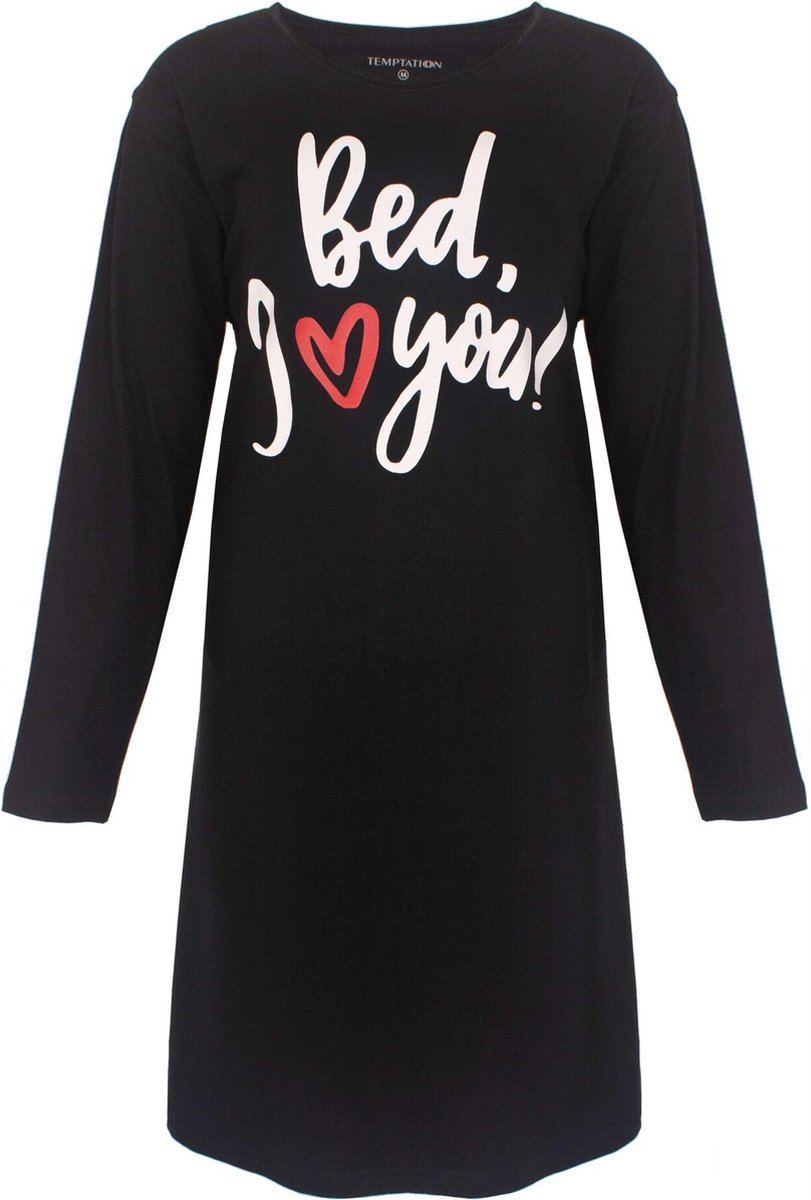 Temptation Dames Nachthemd - Ronde Hals - Bigshirt - Zwart