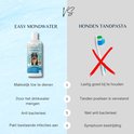 Vergelijking van K9 Laboratories Easy Dental Wash voor honden met tandpasta. De was wordt gemengd met drinkwater en is antibacterieel.