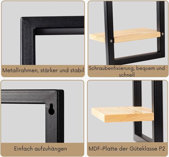 Wandplank vierkant - Set van 3 planken aan de muur - MDF - Zwart