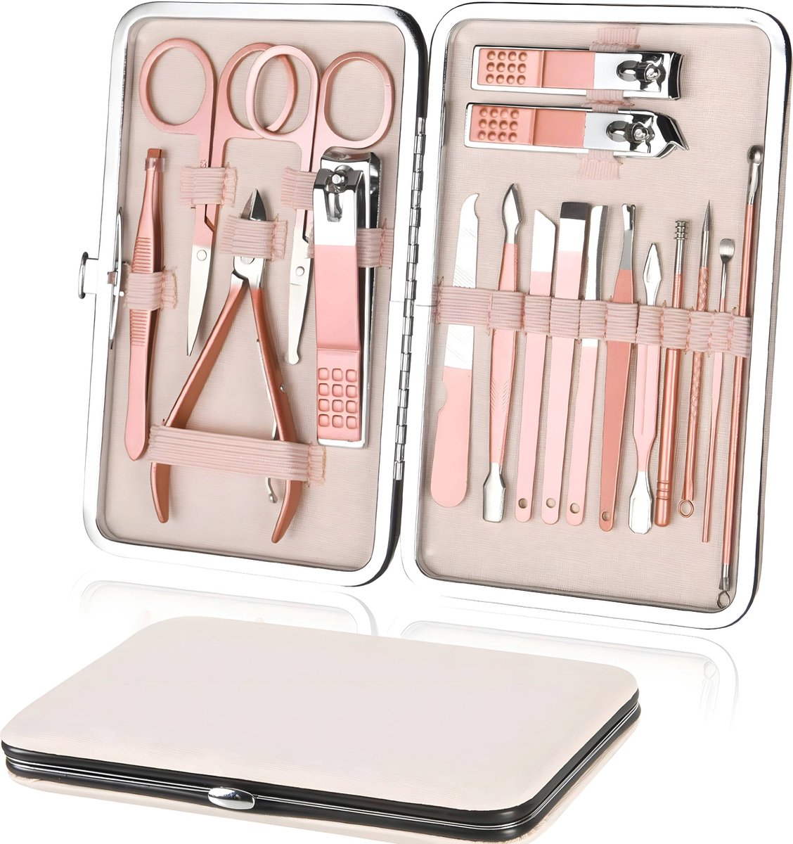 Goedkoopste 18-Delige Manicure Set en Pedicuresets - Professioneel met Reisset - Met o.a. Nagelknipper, Nagelschaar , Nagelvijl - Pedicure Sets - Roze Goud