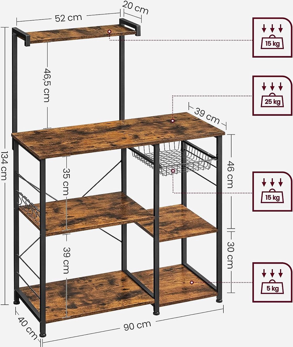 MIRA Home Keukenkast – Staand Keukenrek – Magnetronkast – Industrieel Metaal & Hout – 90x40x134 cm – Organizer Bruin/Zwart — cadeau in Cadeau-ideeën - foto 7
