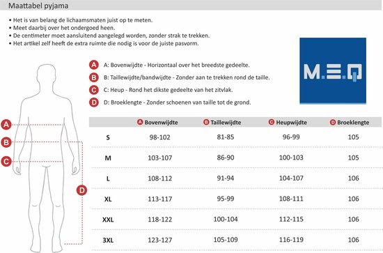 Tableau des tailles de pyjamas avec mesures pour le tour de poitrine, la taille, les hanches et la longueur du pantalon.