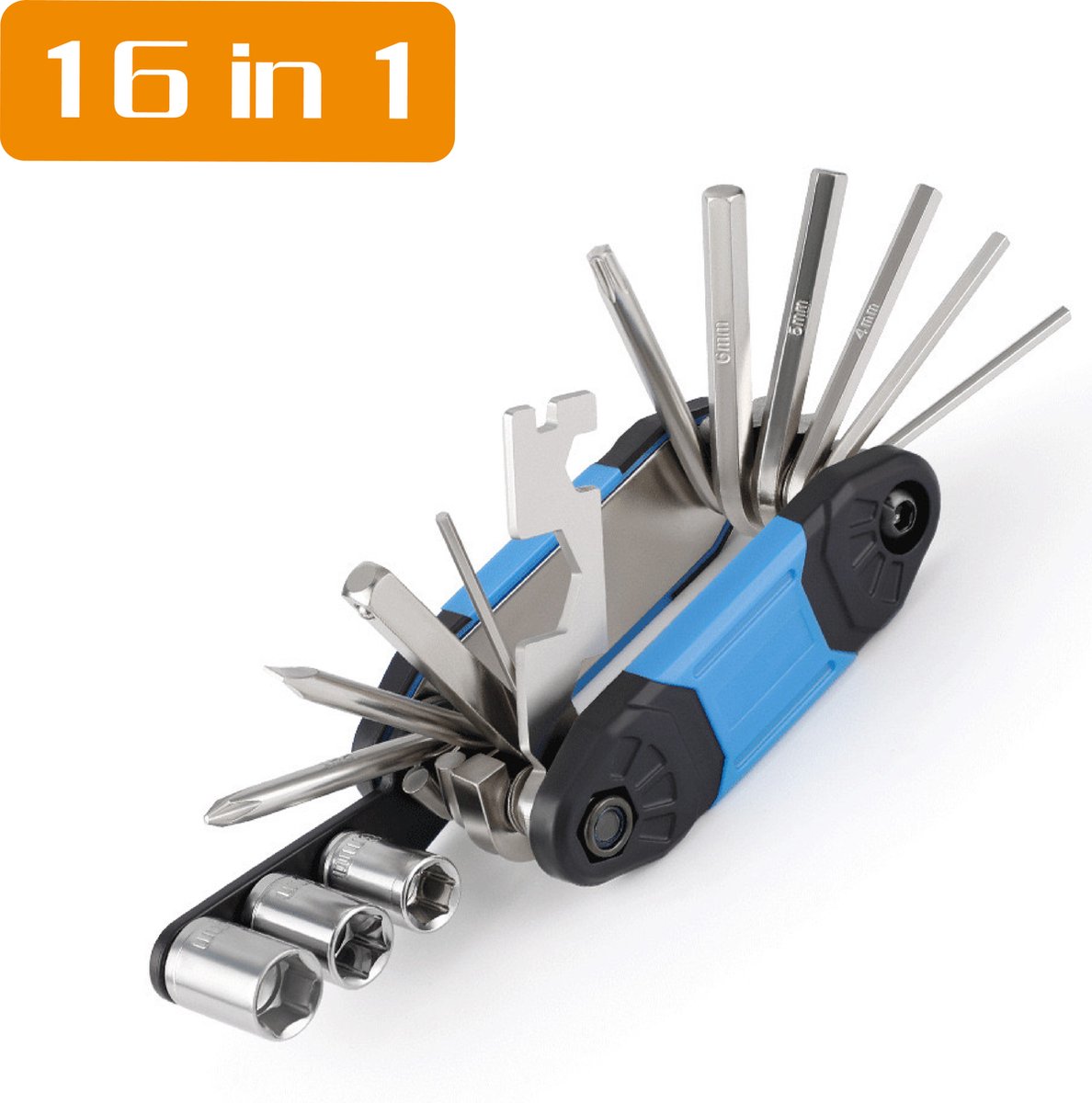 Colorful Sun® Fietsreparatieset - 16 in 1 - Fietsgereedschap - 16-delige fietsgereedschappen - Multifunctioneel - Torx - Platkop - Schroevendraaier - Kruiskopschroevendraaier - Inbussleutel - Spaaksleutel - Dopsleutelverlenging - Dopsleutel - Blauw
