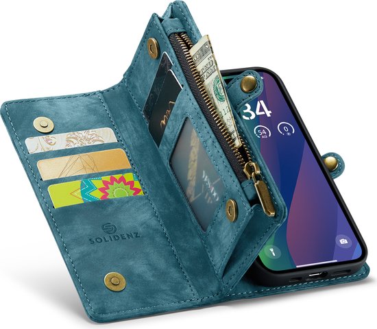 Étui portefeuille Solidenz iPhone 16 Pro Max - Porte-cartes - Poche zippée - Dragonne - Bleu